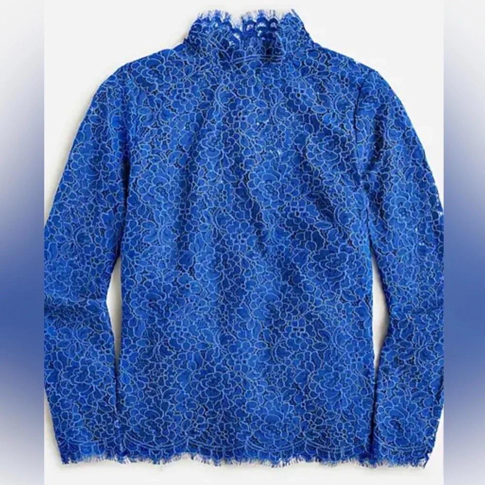 •J.CREW• Regal Blue Scalloped Lace Long Sleeve‎ Mockneck Top Blouse Size 6
